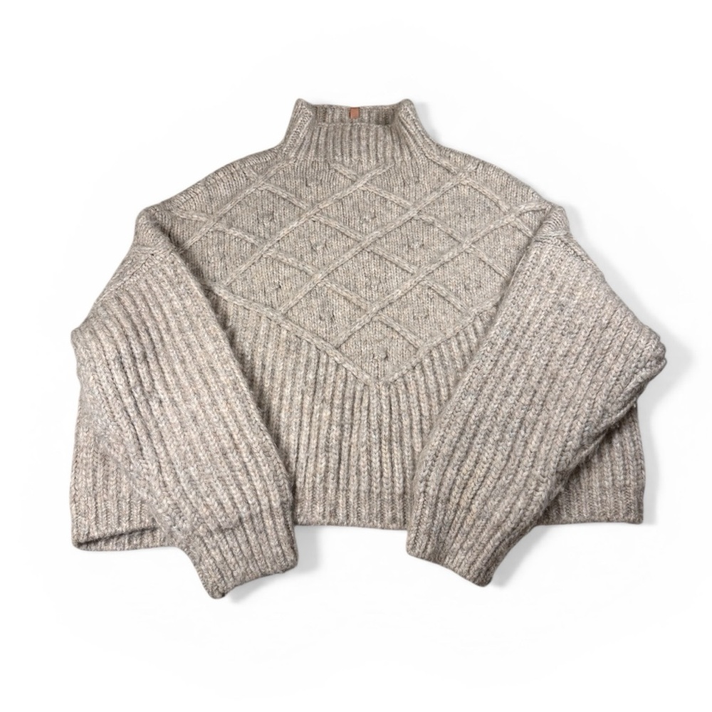 LUNYA WOOL SWEATER Size xs/small Cable Knit Mock Turtle Neck Diamond Stitch